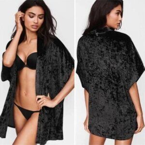 Victoria's Secret Black Crushed Velvet Kimono New NWT XS/S Embroidered Heart